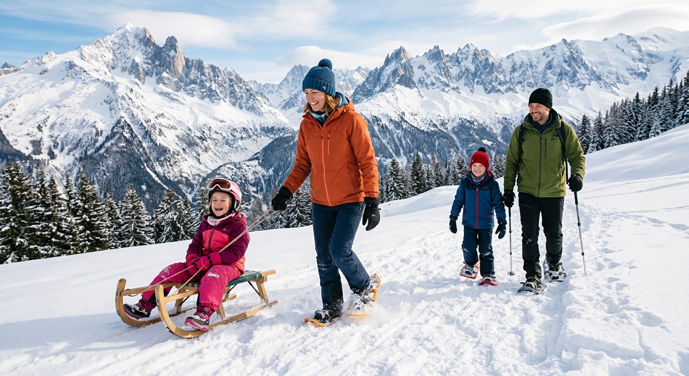 Une famille souriante faisant de la luge et des raquettes dans la neige fraîche