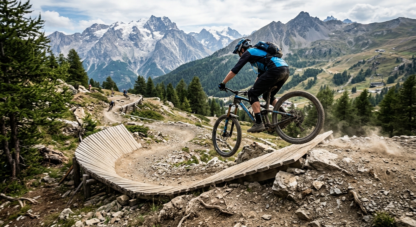 Vététiste en pleine descente sur un bike park technique à Vars