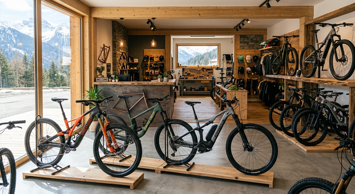 Intérieur d'un magasin de vélo avec VTT et vélos électriques