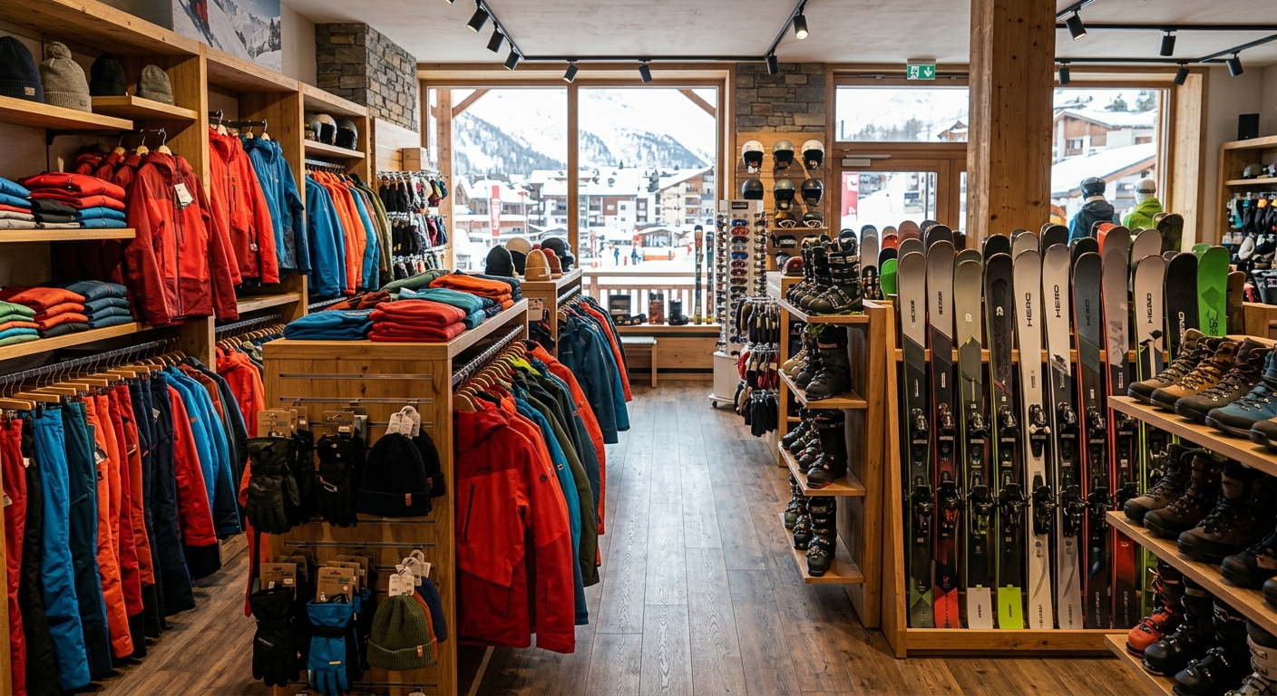 Intérieur d'un magasin de sport de montagne avec équipements de ski et outdoor