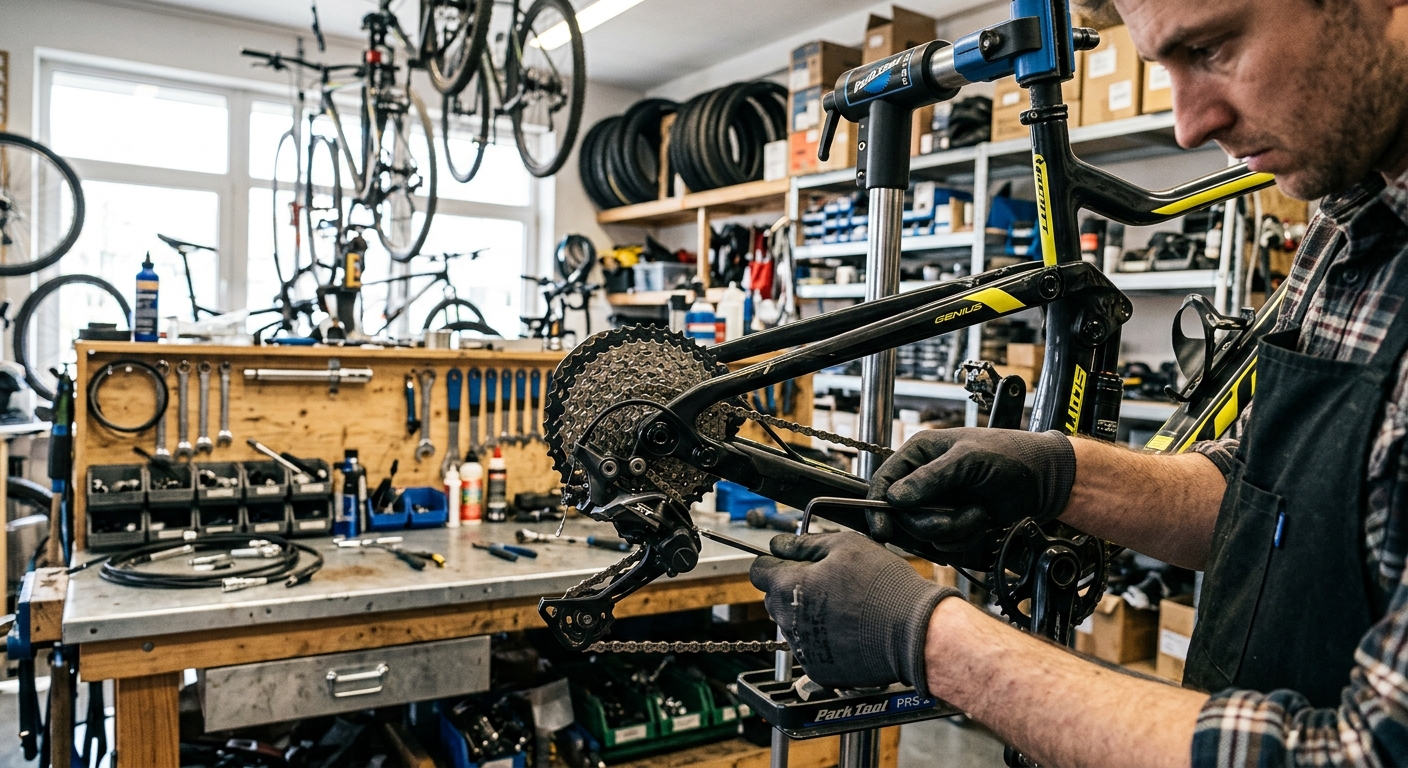 Mécanicien professionnel réparant un VTT dans l'atelier Sport Confort