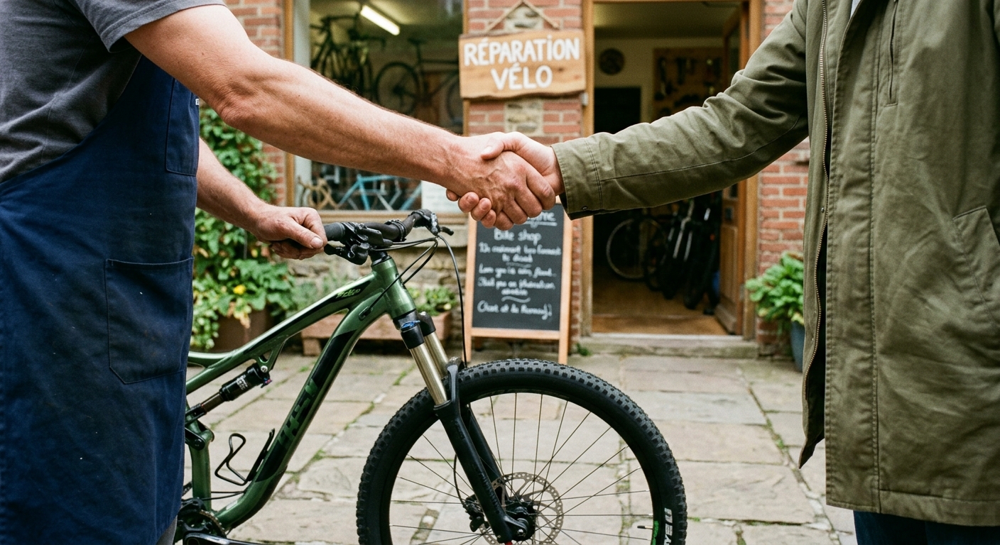 Mécanicien remettant un vélo réparé à un client satisfait