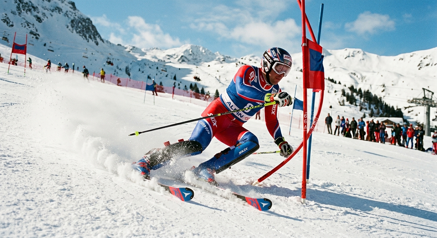 Skieur de compétition en plein virage sur une piste de slalom