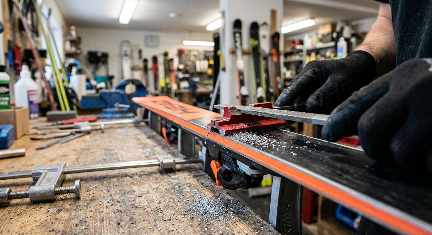 Affûtage des carres d'un ski de compétition dans un atelier