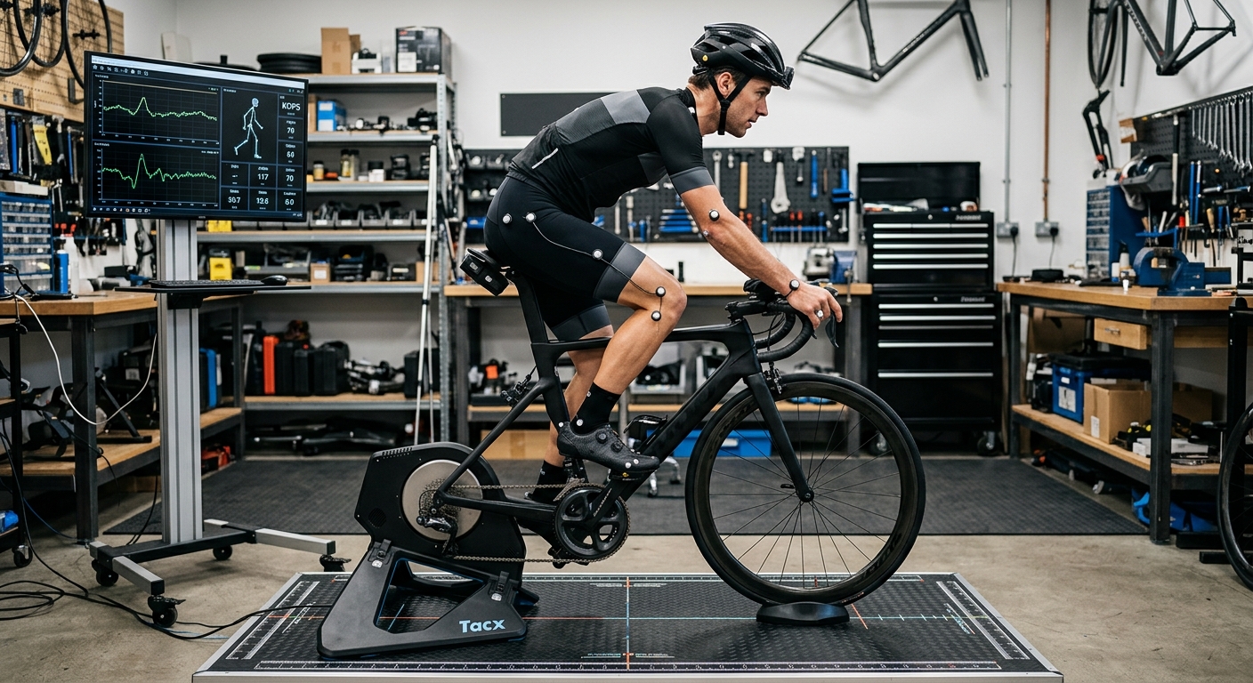 Cycliste réalisant une étude posturale sur un vélo en atelier
